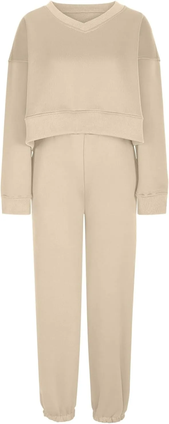 Womens Fleece 2 Piece Outfits Cropped Pullover Sweatshirt and Joggers Pants Set Long Sleeve Tracksuit Sweatsuit