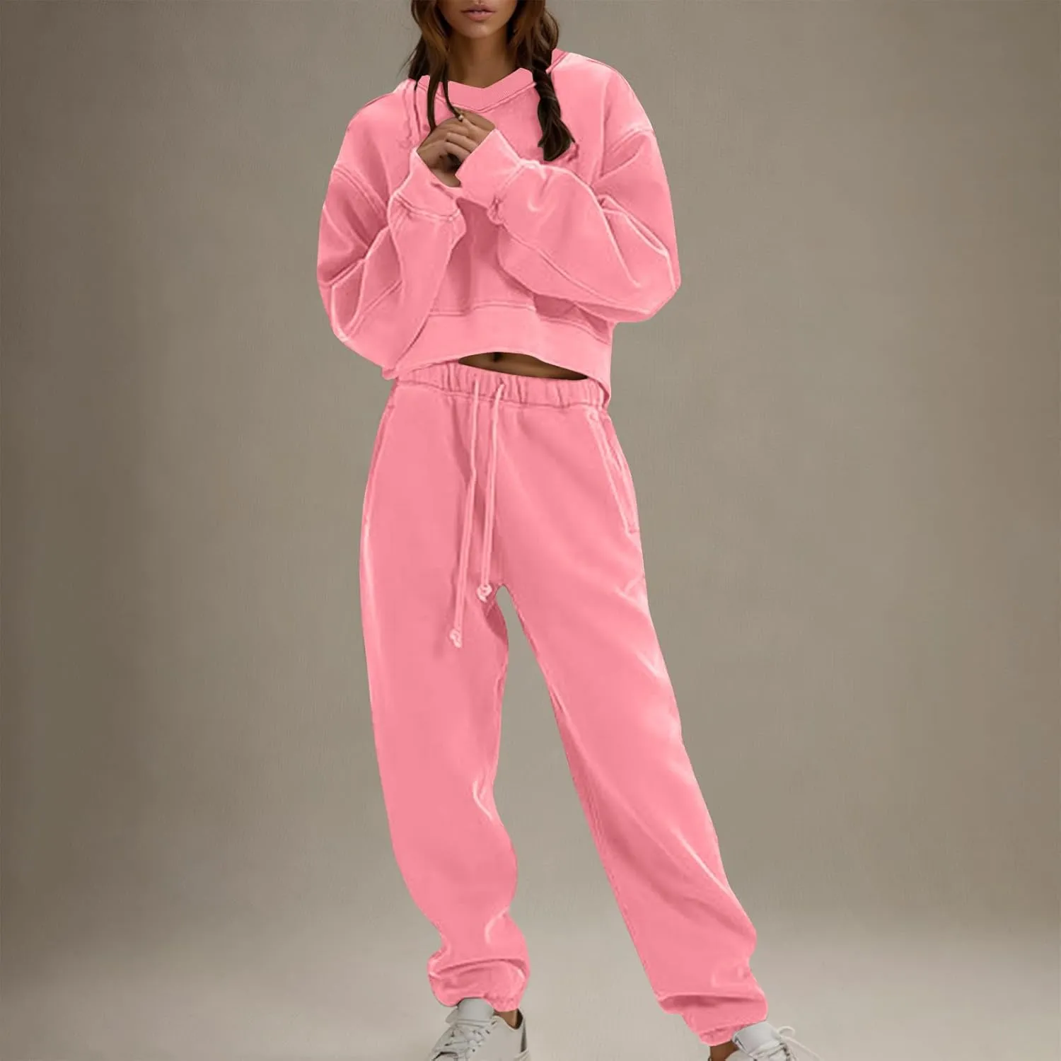 Womens Fleece 2 Piece Outfits Cropped Pullover Sweatshirt and Joggers Pants Set Long Sleeve Tracksuit Sweatsuit