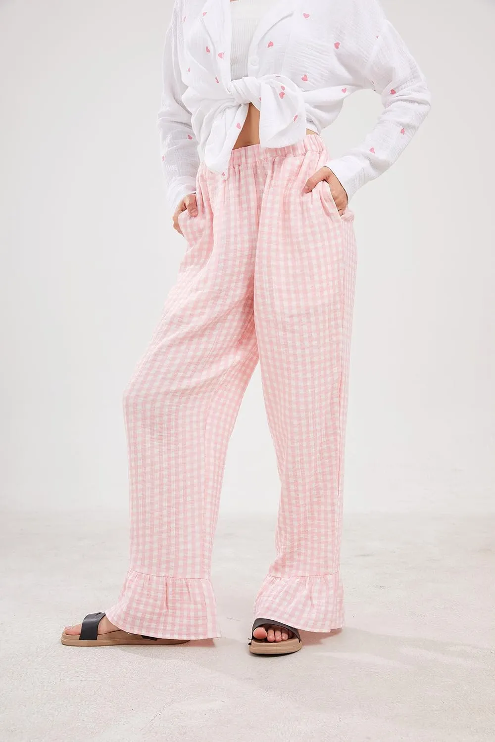 Womens Gingham Pants Wide Leg Lounge Pants Y2k Plaid Print Ruffle Hem Loose Trouser