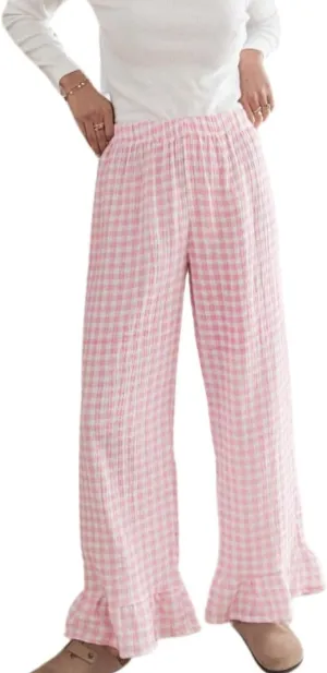 Womens Gingham Pants Wide Leg Lounge Pants Y2k Plaid Print Ruffle Hem Loose Trouser