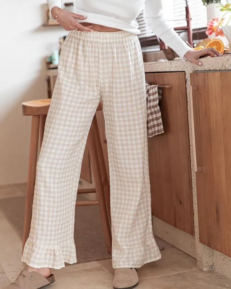Womens Gingham Pants Wide Leg Lounge Pants Y2k Plaid Print Ruffle Hem Loose Trouser