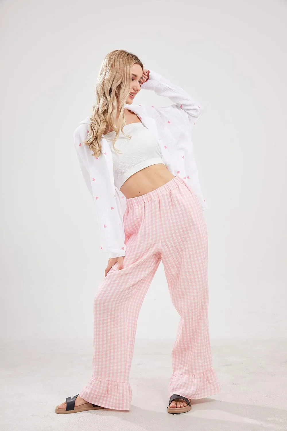 Womens Gingham Pants Wide Leg Lounge Pants Y2k Plaid Print Ruffle Hem Loose Trouser