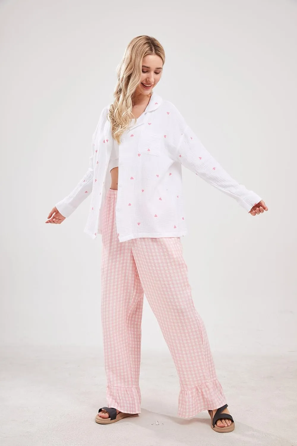Womens Gingham Pants Wide Leg Lounge Pants Y2k Plaid Print Ruffle Hem Loose Trouser
