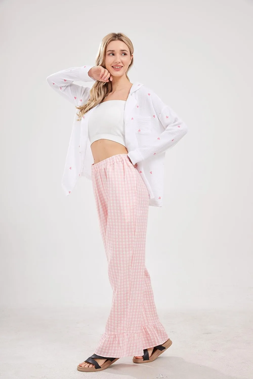 Womens Gingham Pants Wide Leg Lounge Pants Y2k Plaid Print Ruffle Hem Loose Trouser