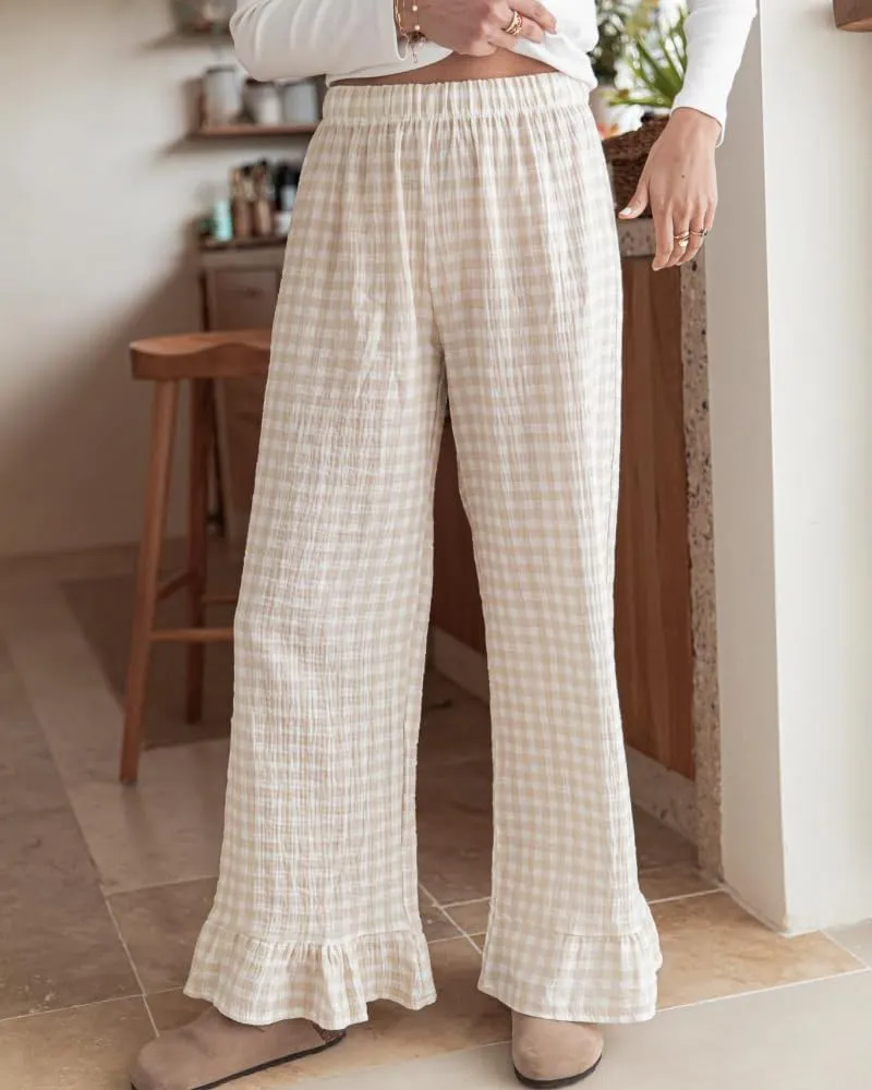 Womens Gingham Pants Wide Leg Lounge Pants Y2k Plaid Print Ruffle Hem Loose Trouser