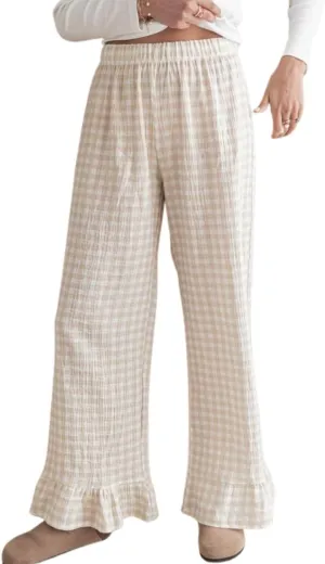 Womens Gingham Pants Wide Leg Lounge Pants Y2k Plaid Print Ruffle Hem Loose Trouser