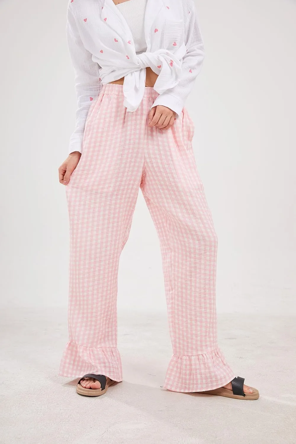 Womens Gingham Pants Wide Leg Lounge Pants Y2k Plaid Print Ruffle Hem Loose Trouser