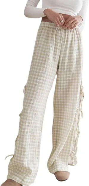 Womens Gingham Striped Wide Leg Pants Y2k Lounge Pants Lace Up Loose Trousers