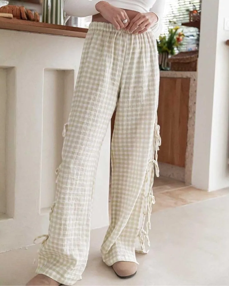 Womens Gingham Striped Wide Leg Pants Y2k Lounge Pants Lace Up Loose Trousers