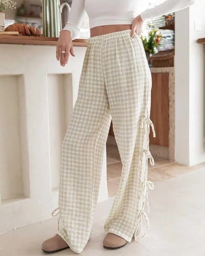 Womens Gingham Striped Wide Leg Pants Y2k Lounge Pants Lace Up Loose Trousers