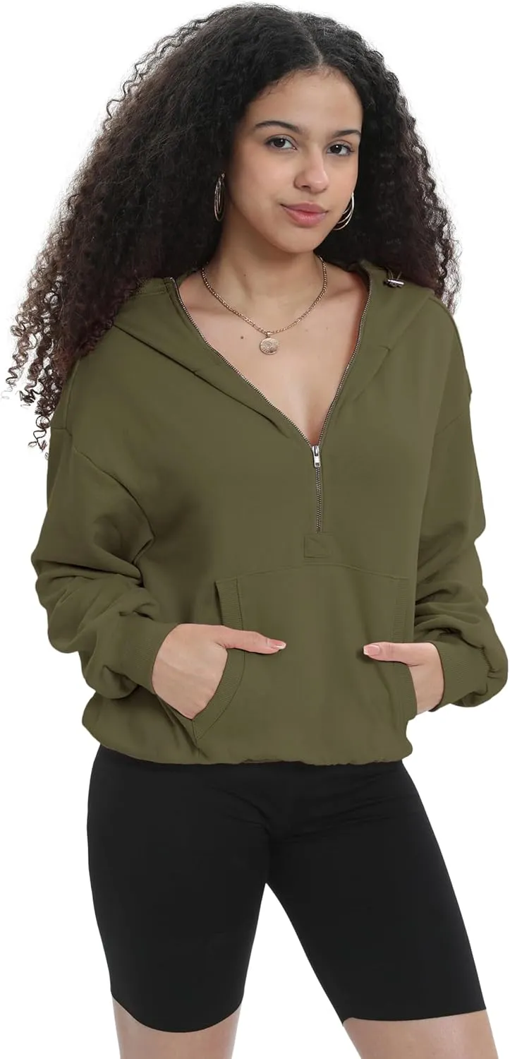 Womens Half Zip Up Hoodie Cowl Neck Sweatshirts Cropped Quarter Zip Pullover Cute Soft Spring Tops
