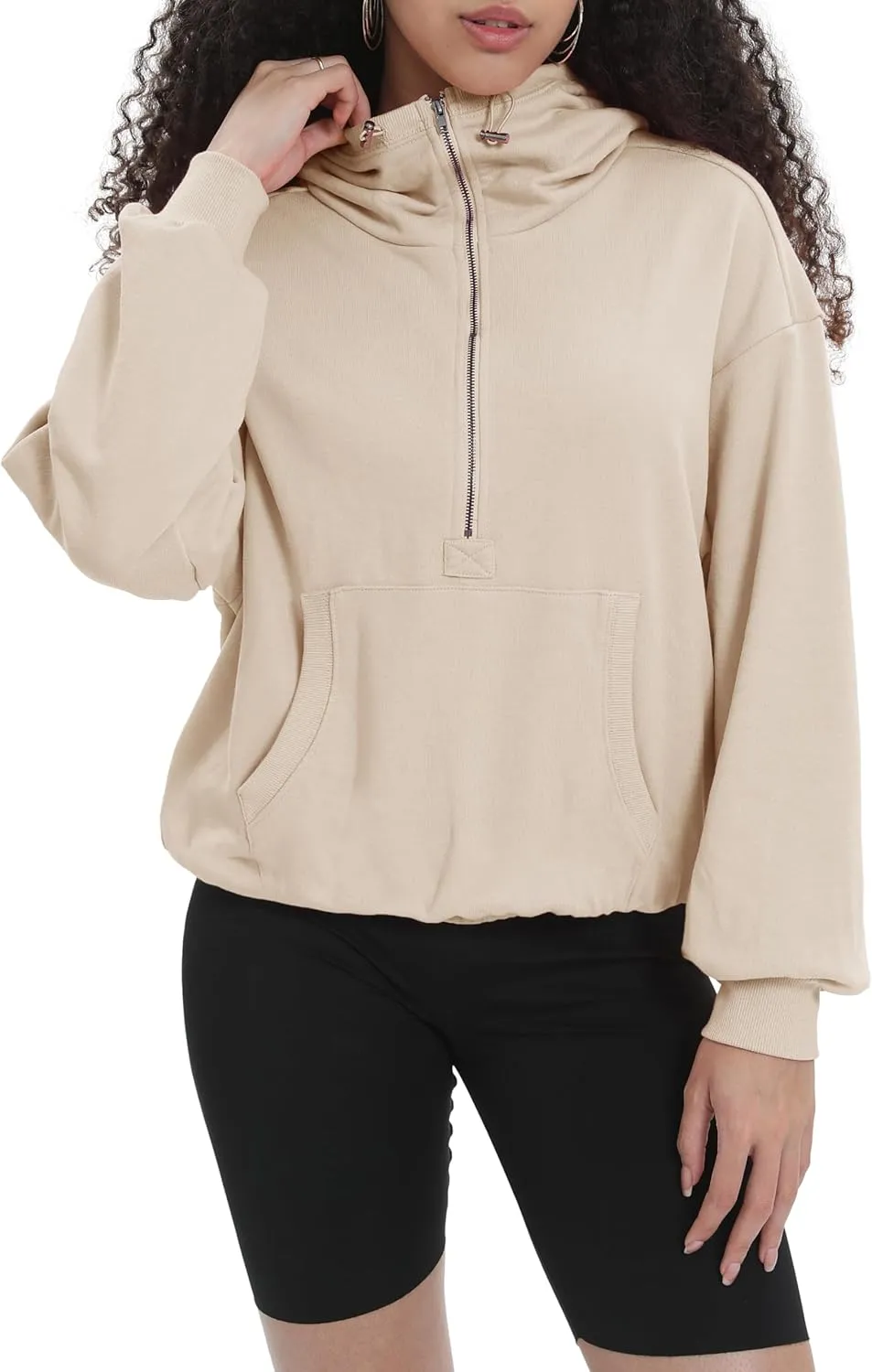 Womens Half Zip Up Hoodie Cowl Neck Sweatshirts Cropped Quarter Zip Pullover Cute Soft Spring Tops