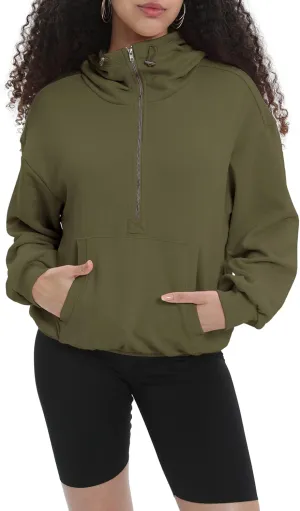 Womens Half Zip Up Hoodie Cowl Neck Sweatshirts Cropped Quarter Zip Pullover Cute Soft Spring Tops