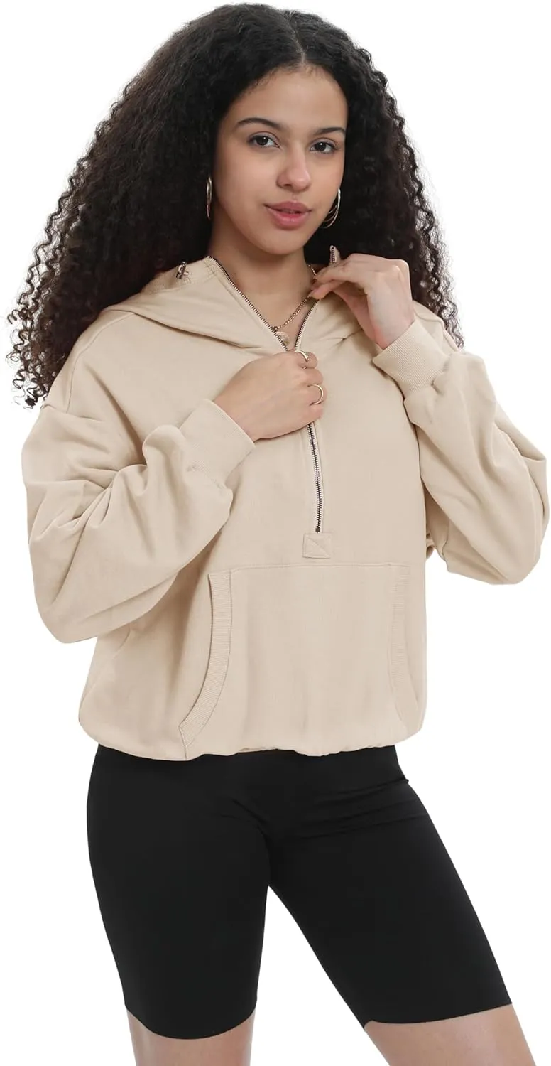 Womens Half Zip Up Hoodie Cowl Neck Sweatshirts Cropped Quarter Zip Pullover Cute Soft Spring Tops