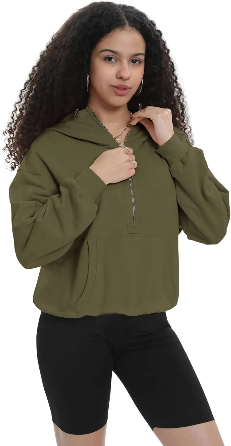 Womens Half Zip Up Hoodie Cowl Neck Sweatshirts Cropped Quarter Zip Pullover Cute Soft Spring Tops