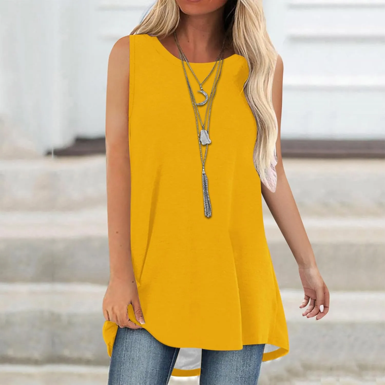 Womens Long Tank Tops Solid Color Baggy Loose Tanks Shirt Plus Size Round Neck Cami Top Summer Curved Hem 2025 Tees