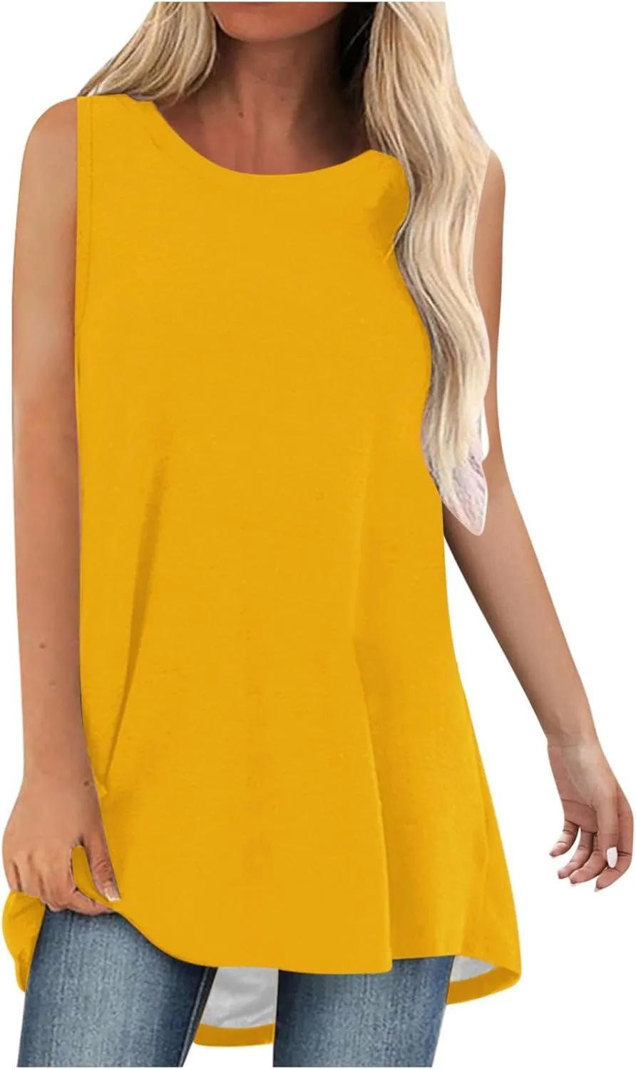 Womens Long Tank Tops Solid Color Baggy Loose Tanks Shirt Plus Size Round Neck Cami Top Summer Curved Hem 2025 Tees