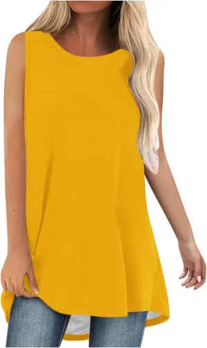 Womens Long Tank Tops Solid Color Baggy Loose Tanks Shirt Plus Size Round Neck Cami Top Summer Curved Hem 2025 Tees