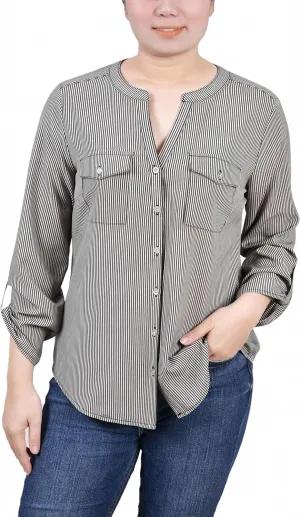 Womens Petites Button-Front Long Sleeve Blouse