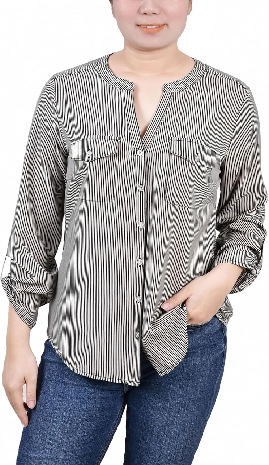 Womens Petites Button-Front Long Sleeve Blouse