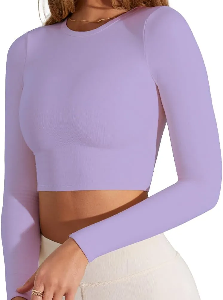 Women's Sexy Crew Neck Crop Top Long Sleeve Basic Fitted Tight Cropped T Shirts
