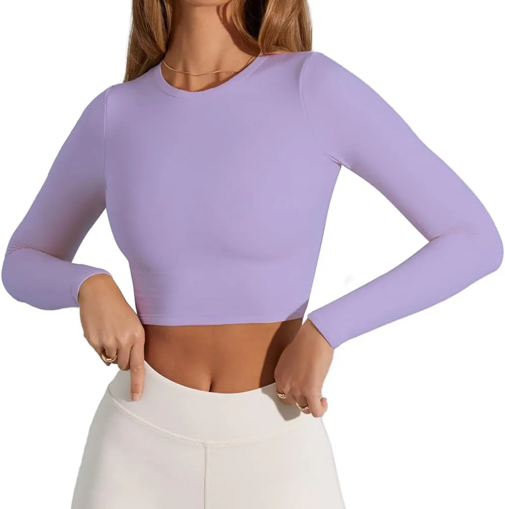 Women's Sexy Crew Neck Crop Top Long Sleeve Basic Fitted Tight Cropped T Shirts