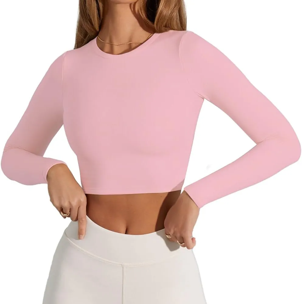 Women's Sexy Crew Neck Crop Top Long Sleeve Basic Fitted Tight Cropped T Shirts