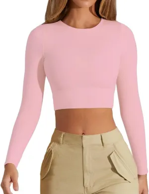 Women's Sexy Crew Neck Crop Top Long Sleeve Basic Fitted Tight Cropped T Shirts