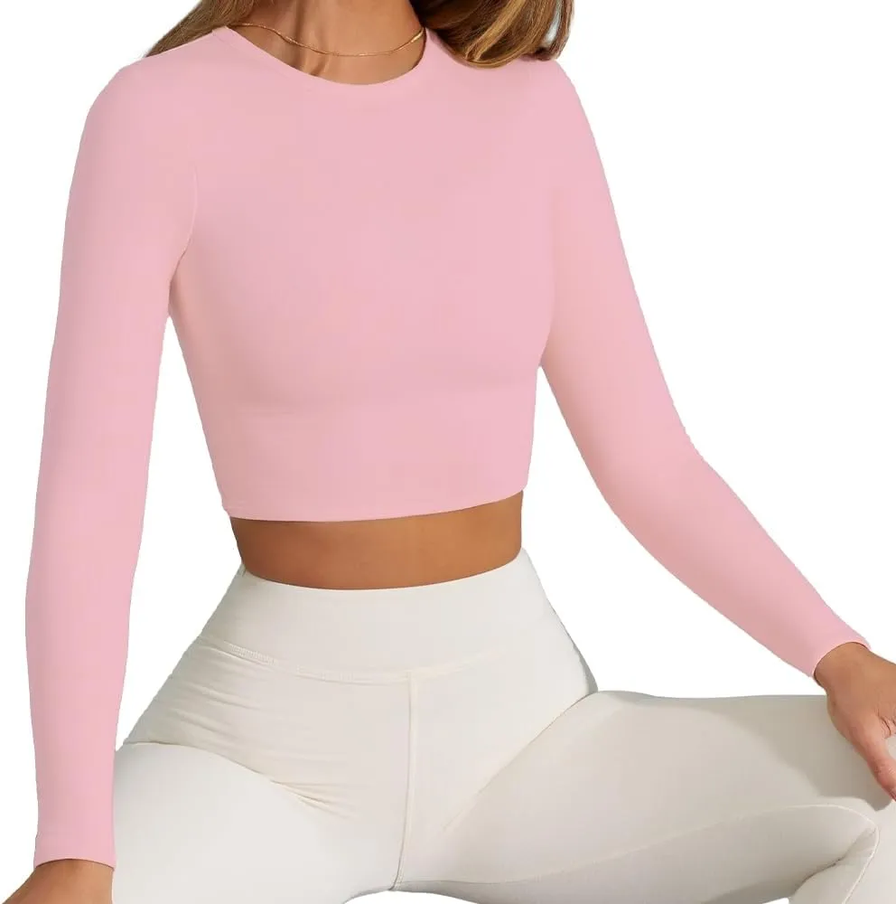 Women's Sexy Crew Neck Crop Top Long Sleeve Basic Fitted Tight Cropped T Shirts