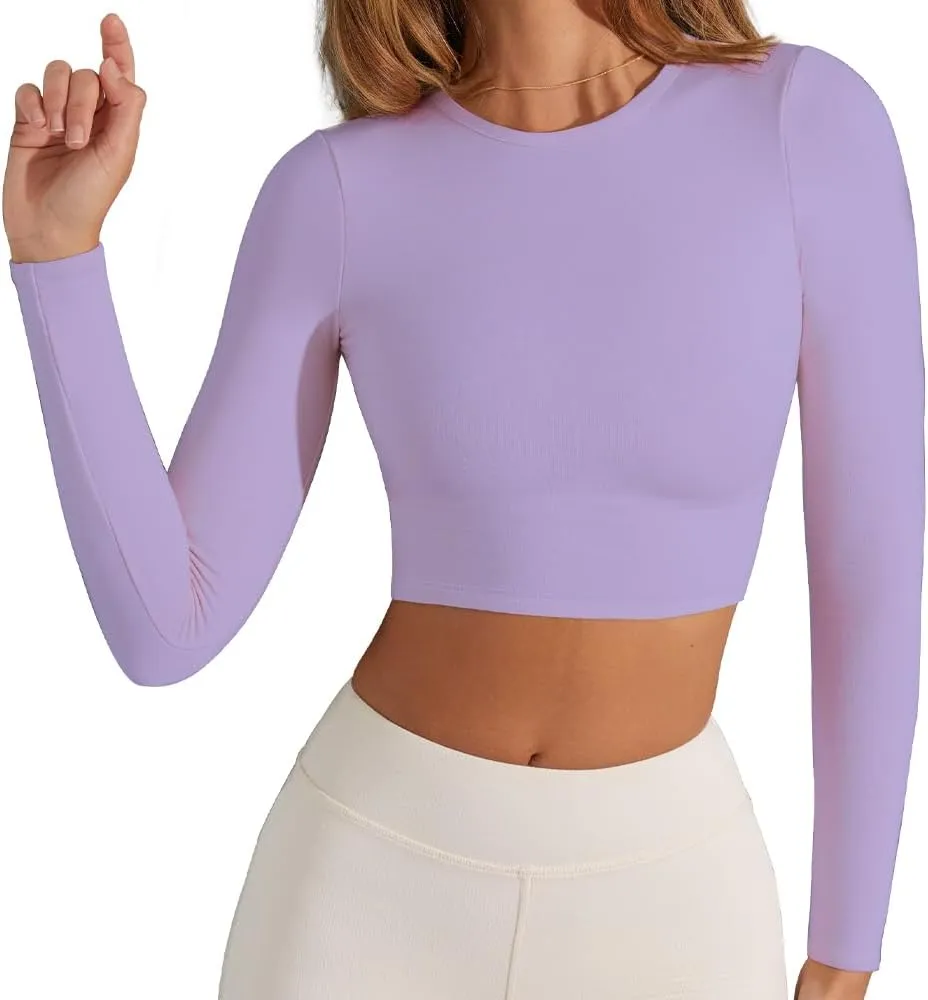 Women's Sexy Crew Neck Crop Top Long Sleeve Basic Fitted Tight Cropped T Shirts