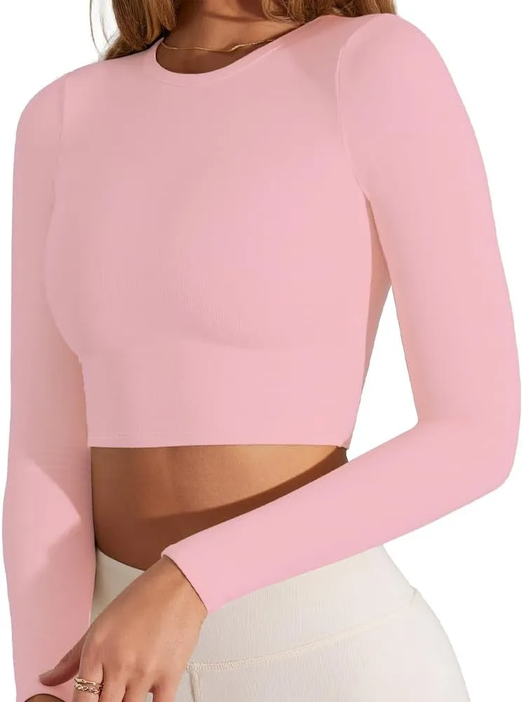 Women's Sexy Crew Neck Crop Top Long Sleeve Basic Fitted Tight Cropped T Shirts