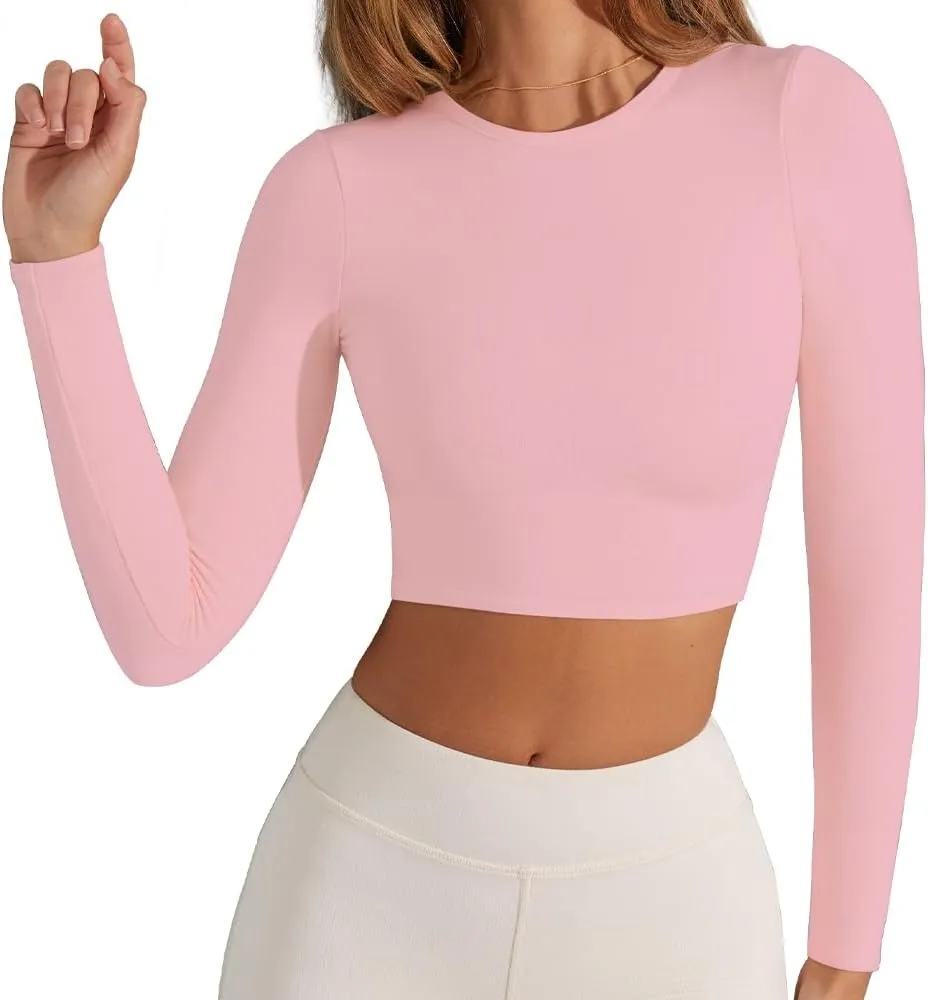 Women's Sexy Crew Neck Crop Top Long Sleeve Basic Fitted Tight Cropped T Shirts