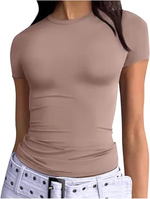 Womens Short Sleeve Shirts Crewneck Solid Color Slim Fitted T-Shirt Summer Basic Tee 2025 Tops