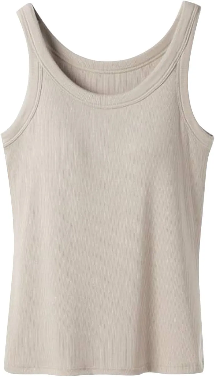 Women's Spaghetti Strap Tank Top with Built in Bra U Neck Lightweight Soft Basic Shirts Seamless Lounge Casual Tanks