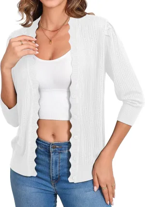 Women's Summer Cardigans Lightweight 3/4 Sleeve Button Front Crochet Sweater Shrugs