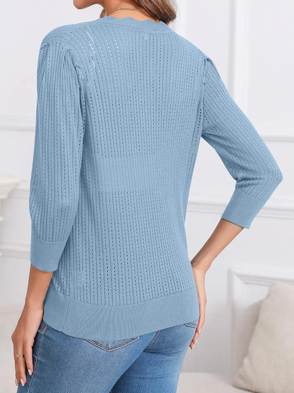 Women's Summer Cardigans Lightweight 3/4 Sleeve Button Front Crochet Sweater Shrugs