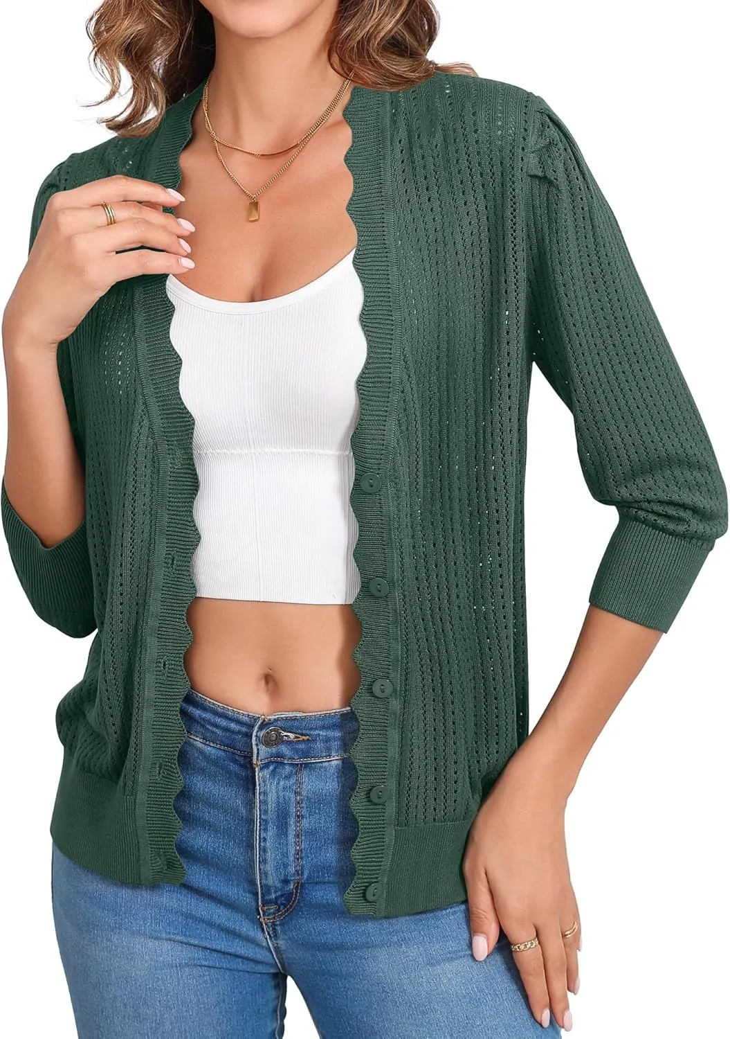 Women's Summer Cardigans Lightweight 3/4 Sleeve Button Front Crochet Sweater Shrugs