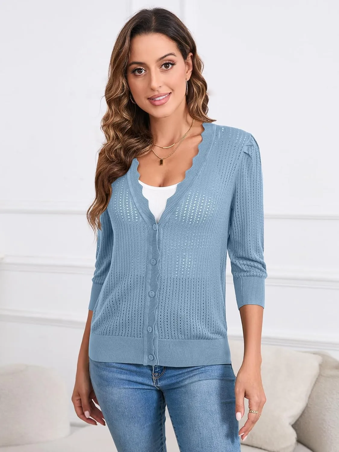 Women's Summer Cardigans Lightweight 3/4 Sleeve Button Front Crochet Sweater Shrugs