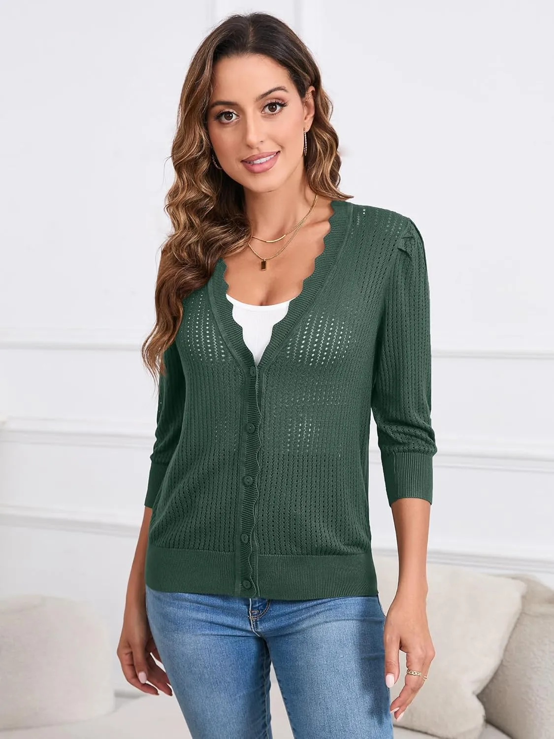 Women's Summer Cardigans Lightweight 3/4 Sleeve Button Front Crochet Sweater Shrugs