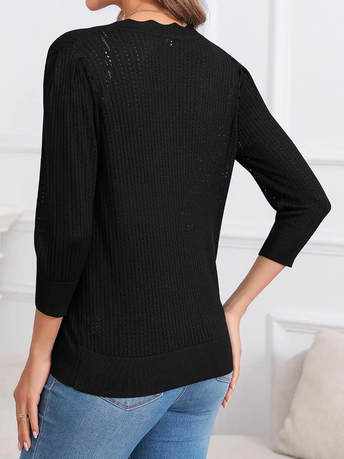 Women's Summer Cardigans Lightweight 3/4 Sleeve Button Front Crochet Sweater Shrugs