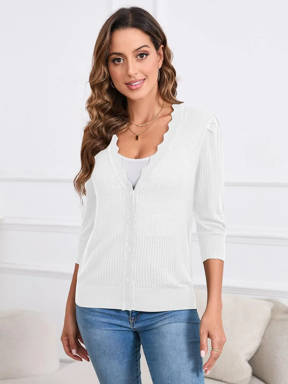 Women's Summer Cardigans Lightweight 3/4 Sleeve Button Front Crochet Sweater Shrugs
