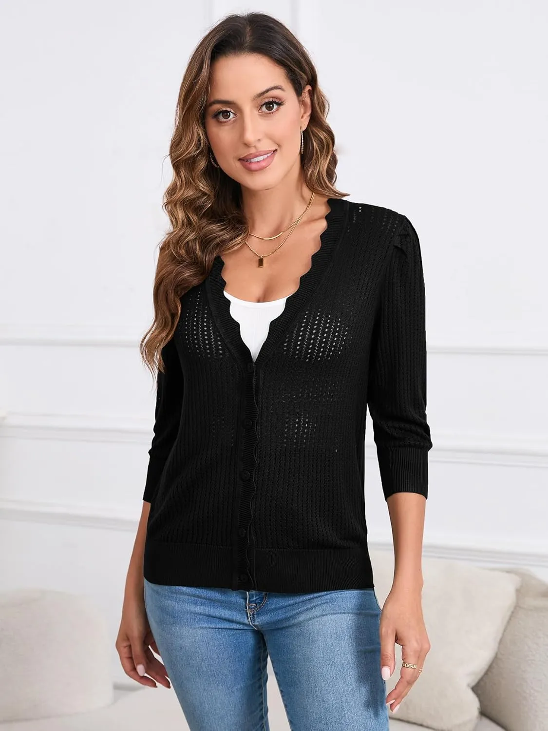 Women's Summer Cardigans Lightweight 3/4 Sleeve Button Front Crochet Sweater Shrugs