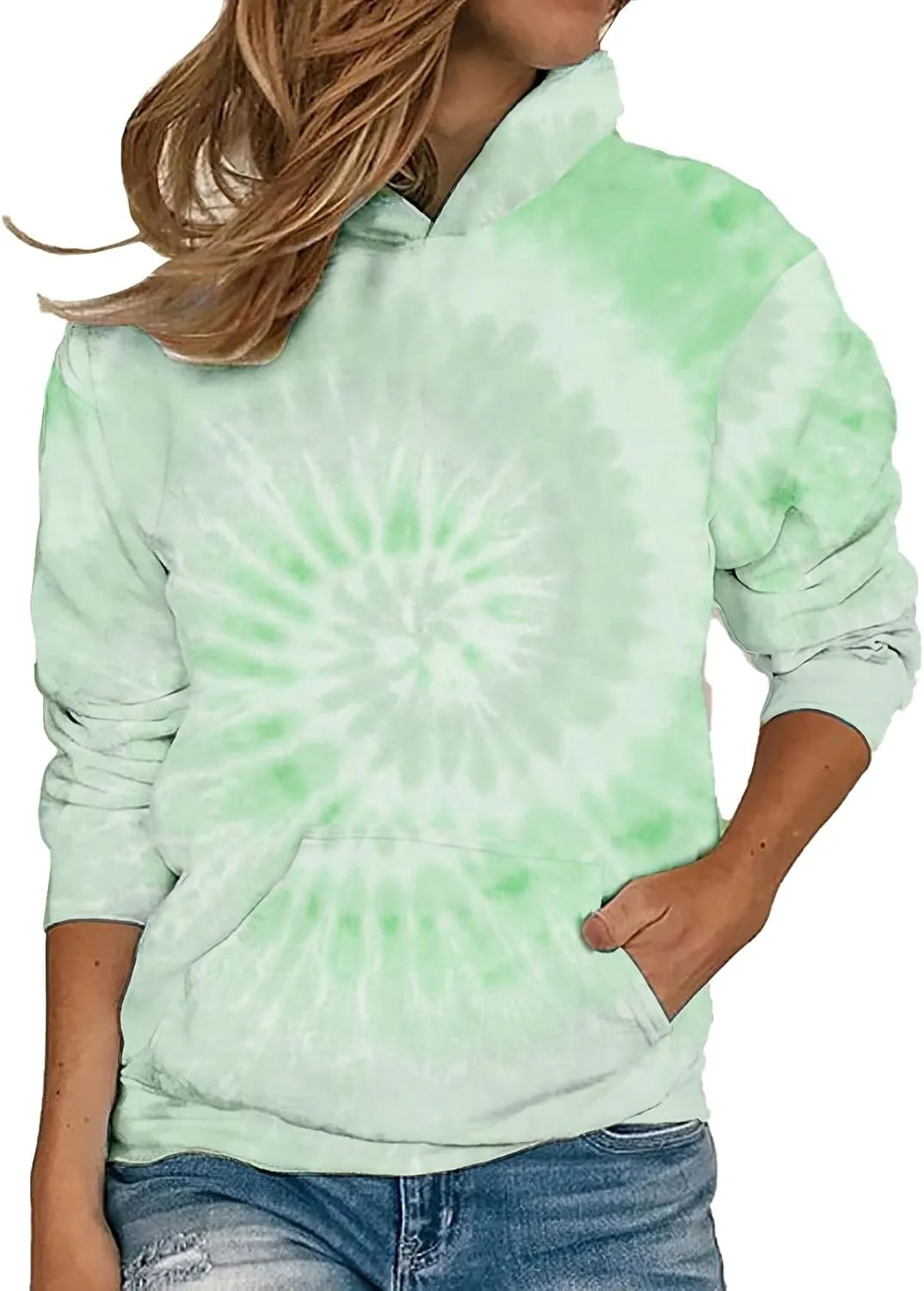 Womens Tiedye Gradient Hoodie Oversized Long Sleeves Sweater Drop Shoulder Pullovers with Pocket Fall (3Green, L)