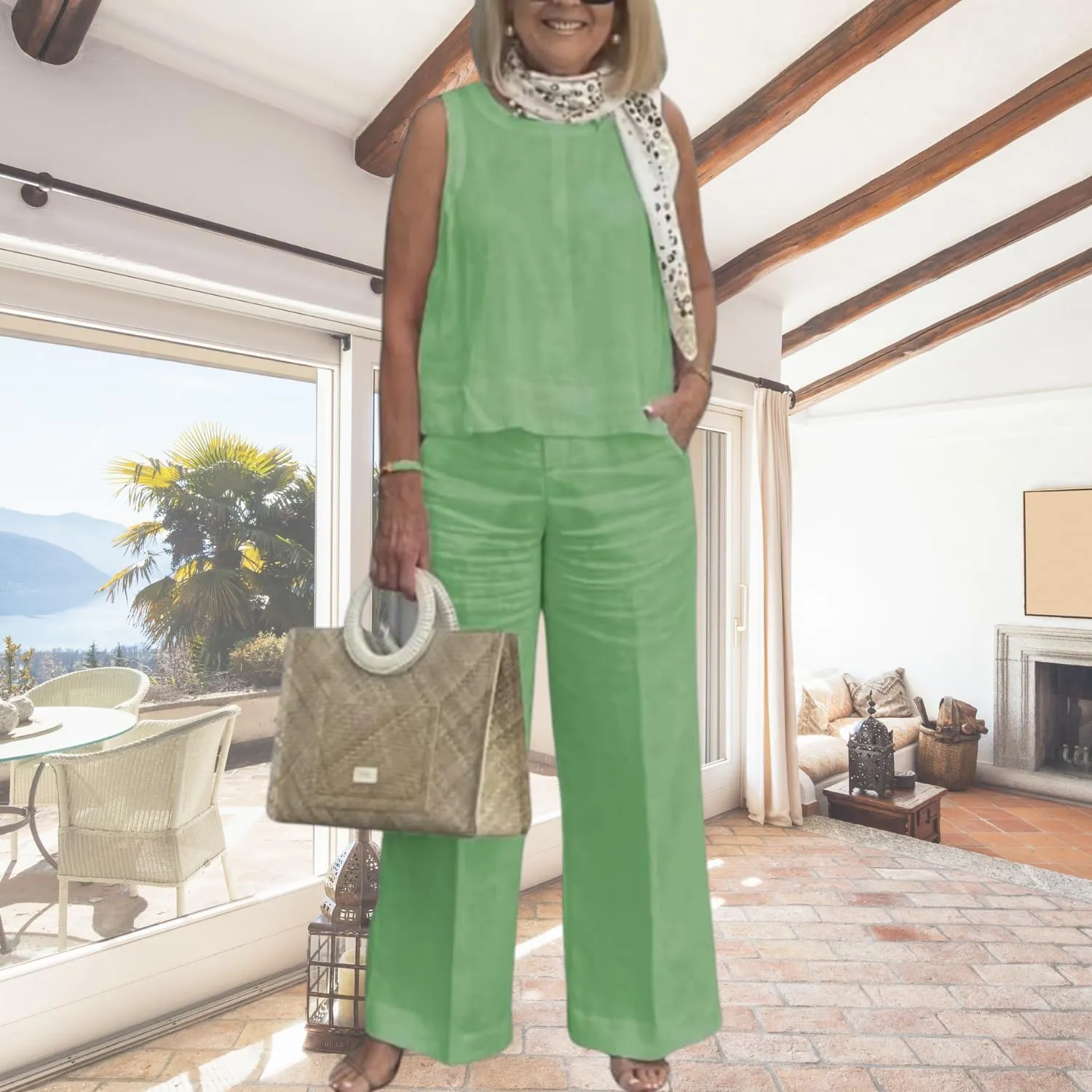 Yoolin Womens Linen 2 Piece Outfit Solid Color Tank Top and Wide Leg Pants Suits Dressy Matching Sets with Pockets