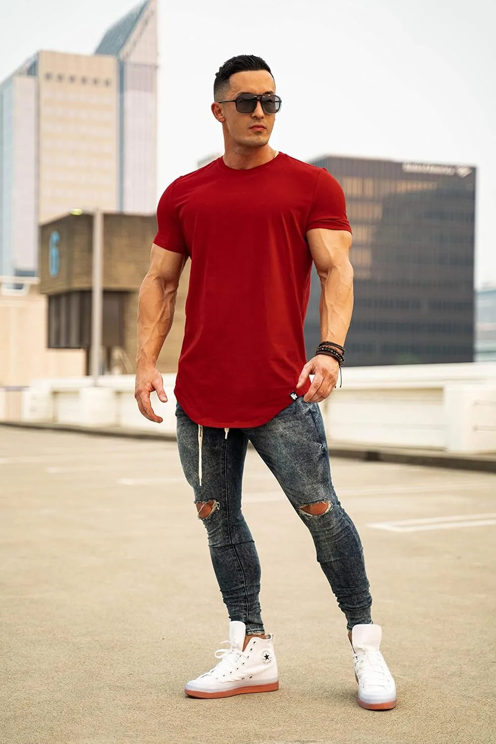 YoungLA Mens Designer Fitted T-Shirts Long Drop Cut Tee Workout Gym 402