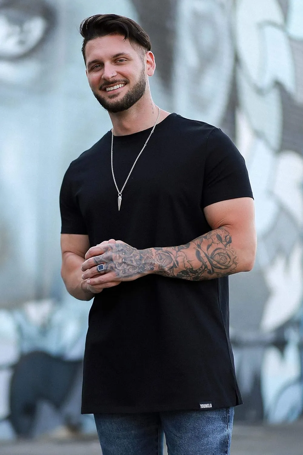 YoungLA Mens Minimalist Fitted T-Shirts | Long Drop Cut Tee | Workout Gym 411