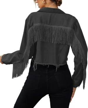 Zeagoo Women Denim Jacket Casual Long Sleeve Distressed Ripped Cropped Coat Fringe Jean Jacket XS-XXL