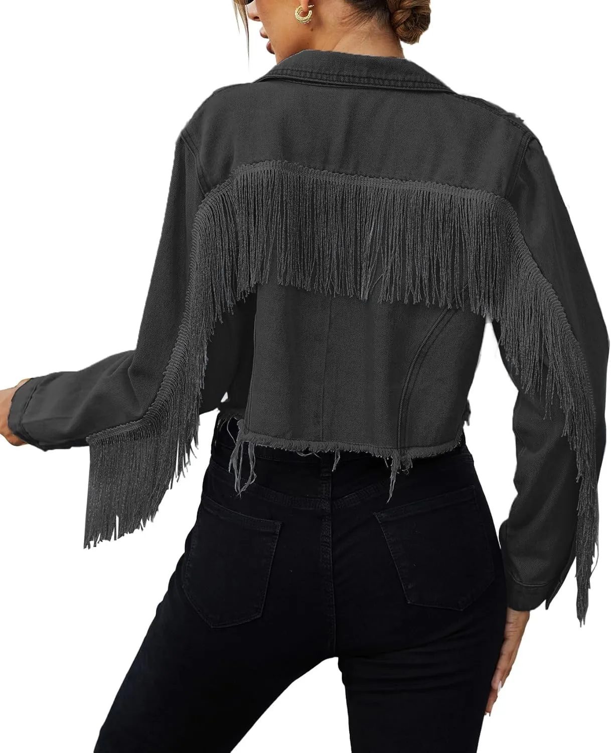 Zeagoo Women Denim Jacket Casual Long Sleeve Distressed Ripped Cropped Coat Fringe Jean Jacket XS-XXL